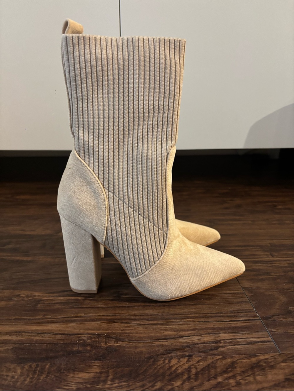 NWT ✨ Beige Knit Sock Suede Block Heel Ankle Boots - Picture 5 of 8